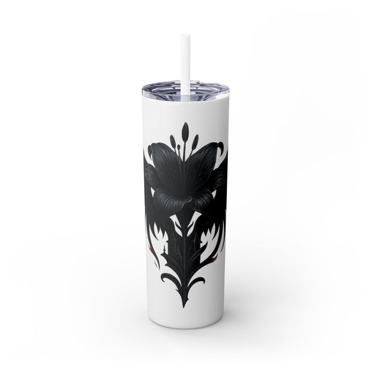 Black Floral Skinny Tumbler with Straw