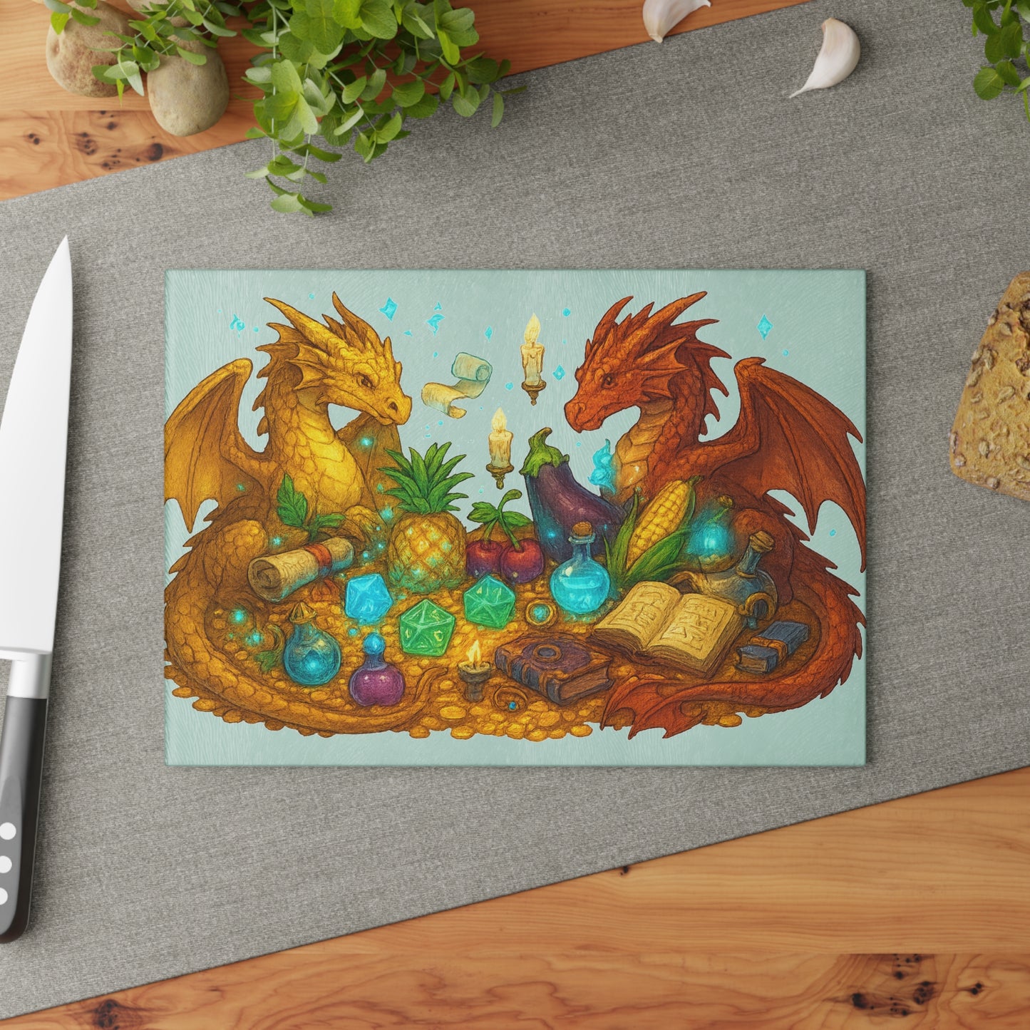 Fantasy Dragon Themed Glass Cutting Board, Magical Kitchen Decor, Ideal for Gifts, Unique Cooking Supplies, Perfect for Food Prep
