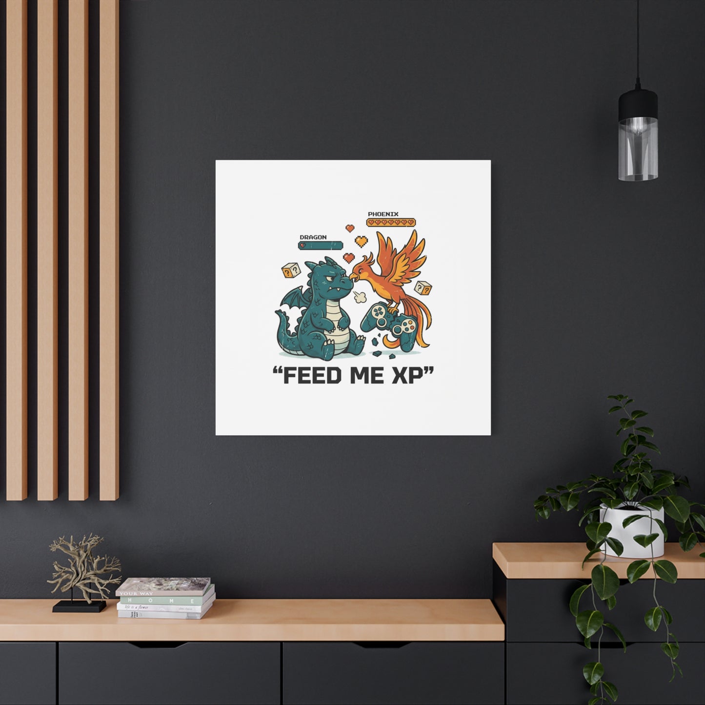 Feed Me XP Canvas | Gamer Dragon Phoenix Wall Art, Neon Meme Skate Style