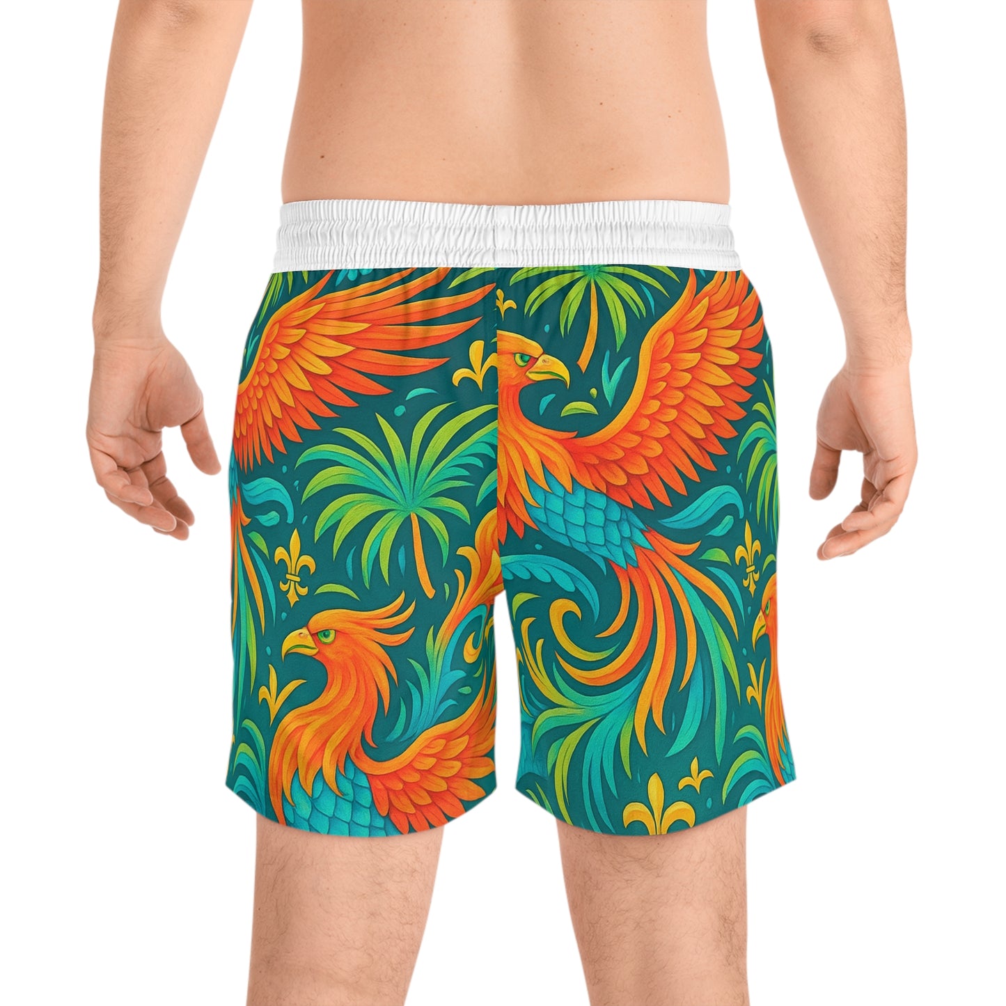 Vibrant Phoenix Men's Swim Shorts, Tropical Swimwear, Beach Shorts for Men, Summer Vacation Attire, Pool Party Essentials, AOP Swimwear