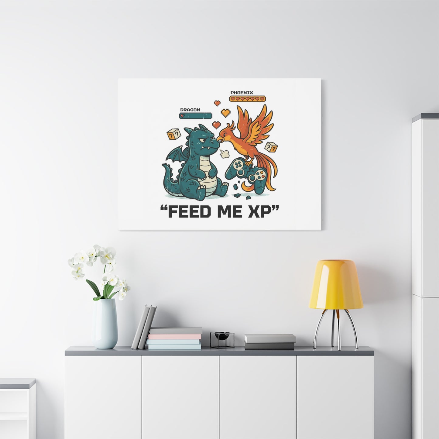 Feed Me XP Canvas | Gamer Dragon Phoenix Wall Art, Neon Meme Skate Style