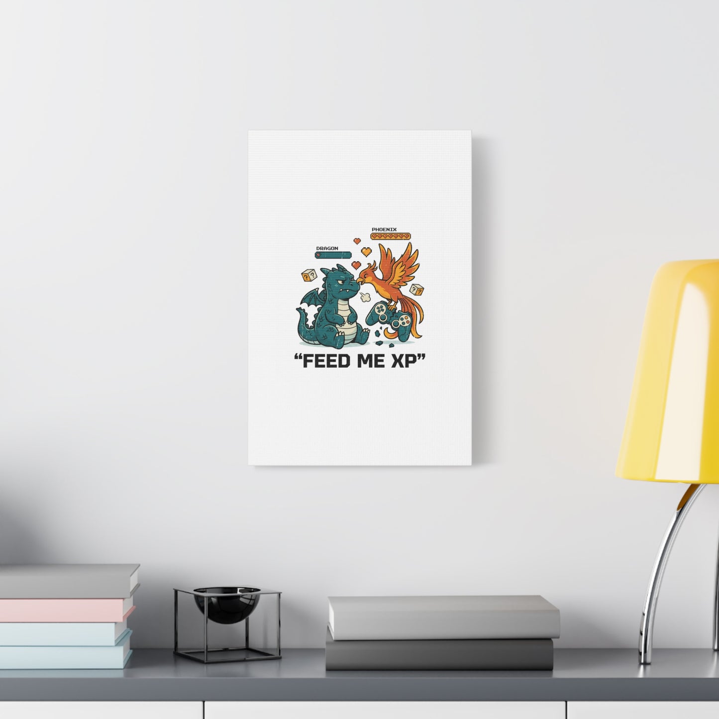 Feed Me XP Canvas | Gamer Dragon Phoenix Wall Art, Neon Meme Skate Style