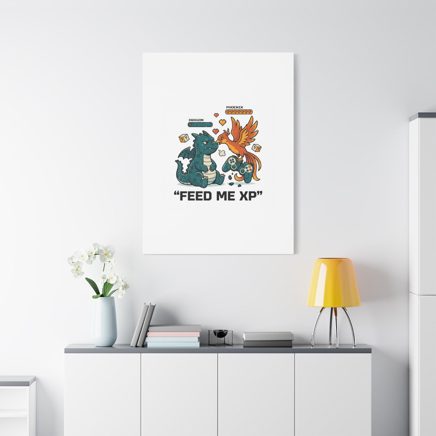 Feed Me XP Canvas | Gamer Dragon Phoenix Wall Art, Neon Meme Skate Style