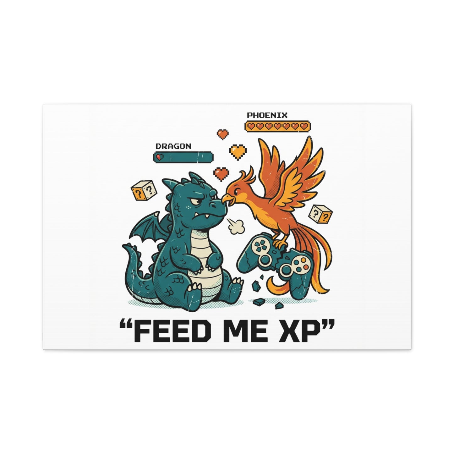 Feed Me XP Canvas | Gamer Dragon Phoenix Wall Art, Neon Meme Skate Style