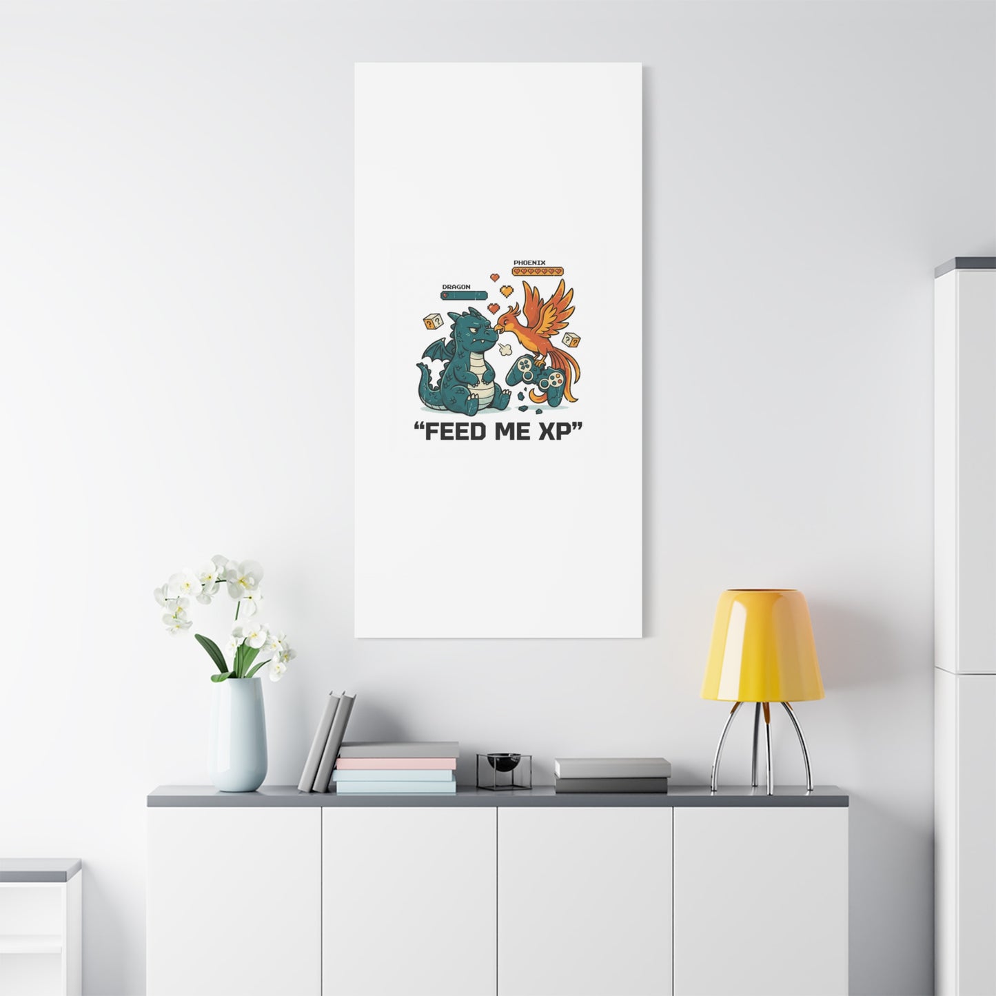 Feed Me XP Canvas | Gamer Dragon Phoenix Wall Art, Neon Meme Skate Style