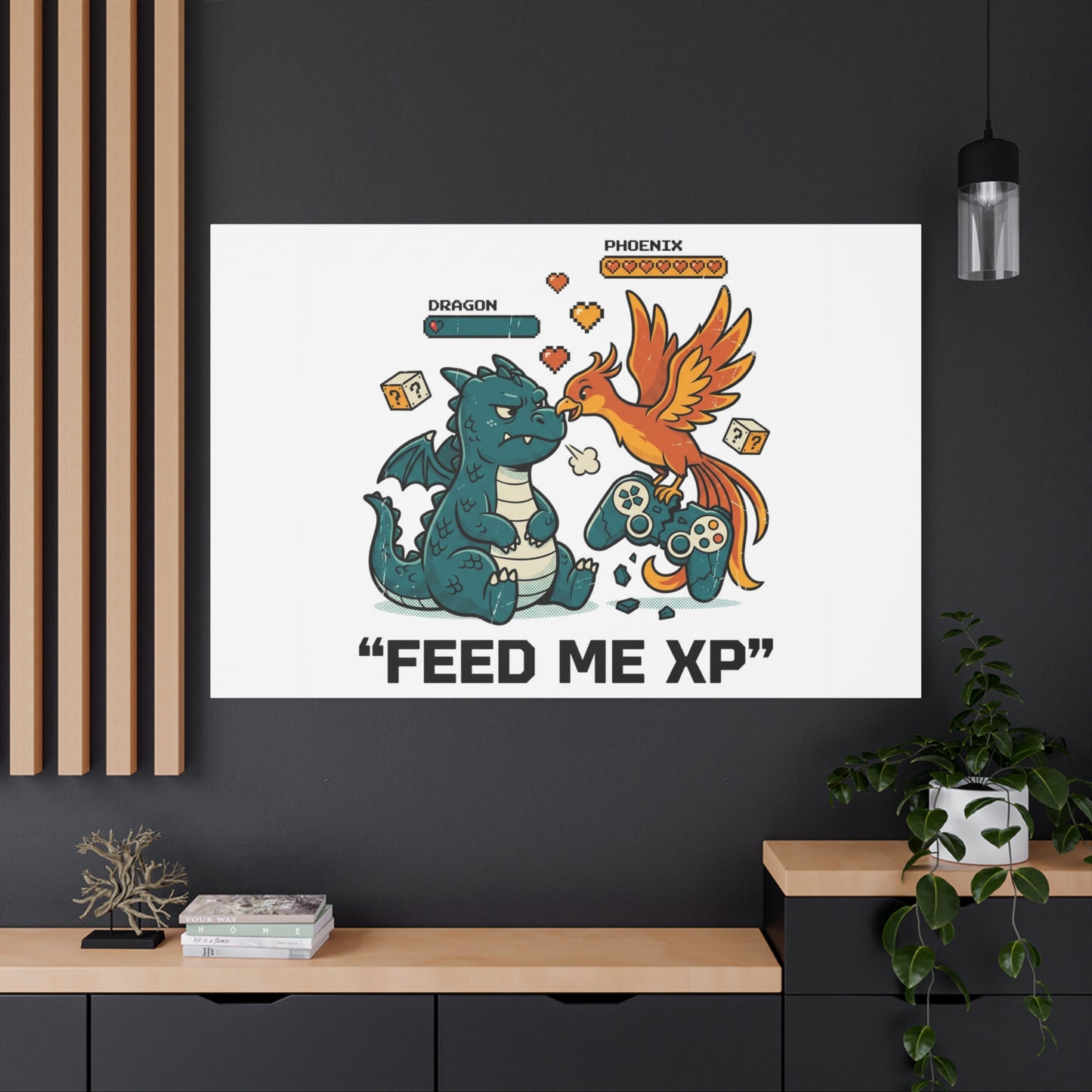 Feed Me XP Canvas | Gamer Dragon Phoenix Wall Art, Neon Meme Skate Style