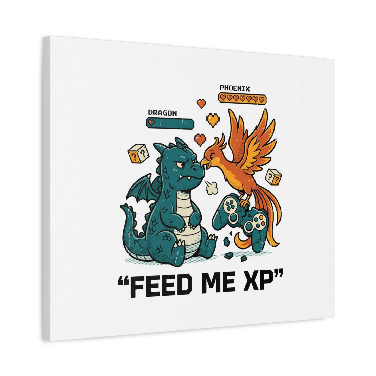 Feed Me XP Canvas | Gamer Dragon Phoenix Wall Art, Neon Meme Skate Style
