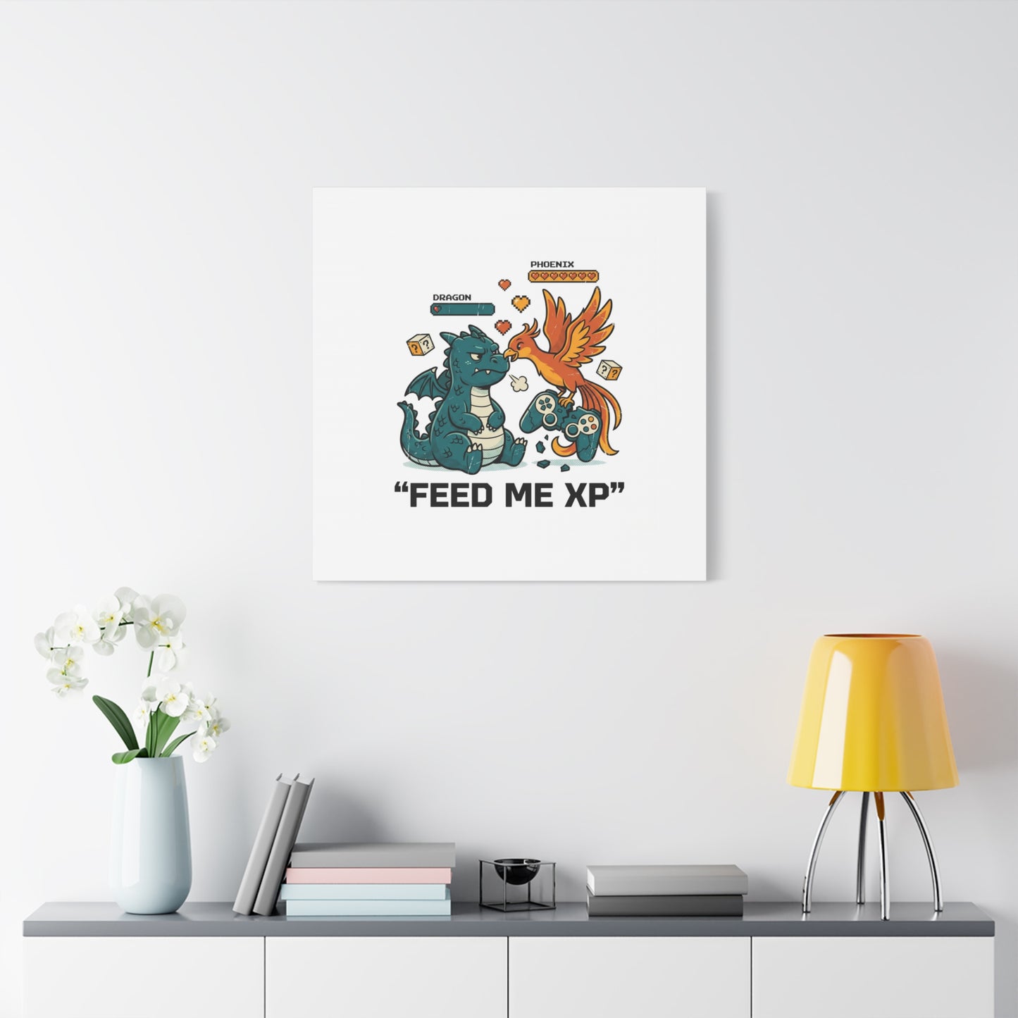 Feed Me XP Canvas | Gamer Dragon Phoenix Wall Art, Neon Meme Skate Style