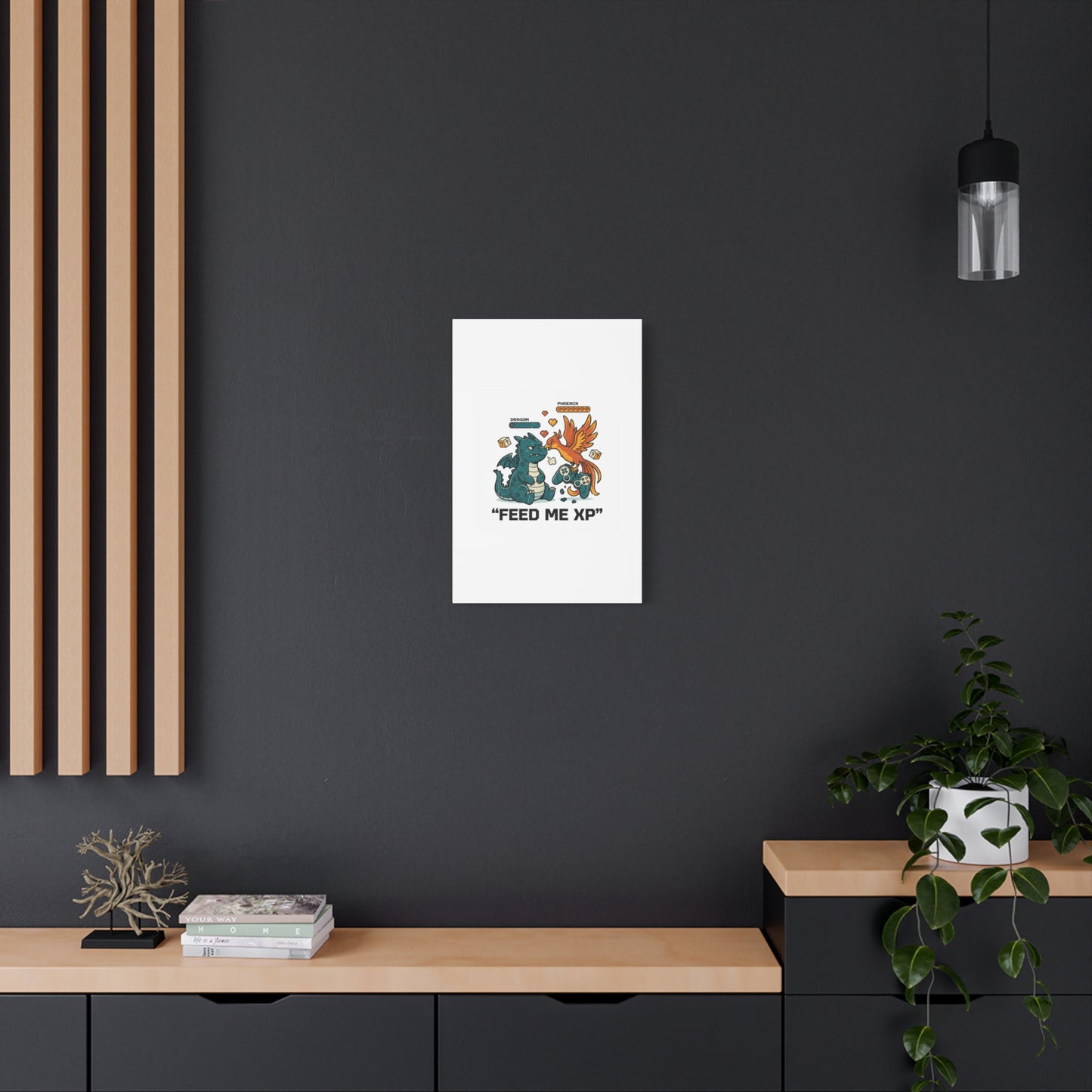 Feed Me XP Canvas | Gamer Dragon Phoenix Wall Art, Neon Meme Skate Style