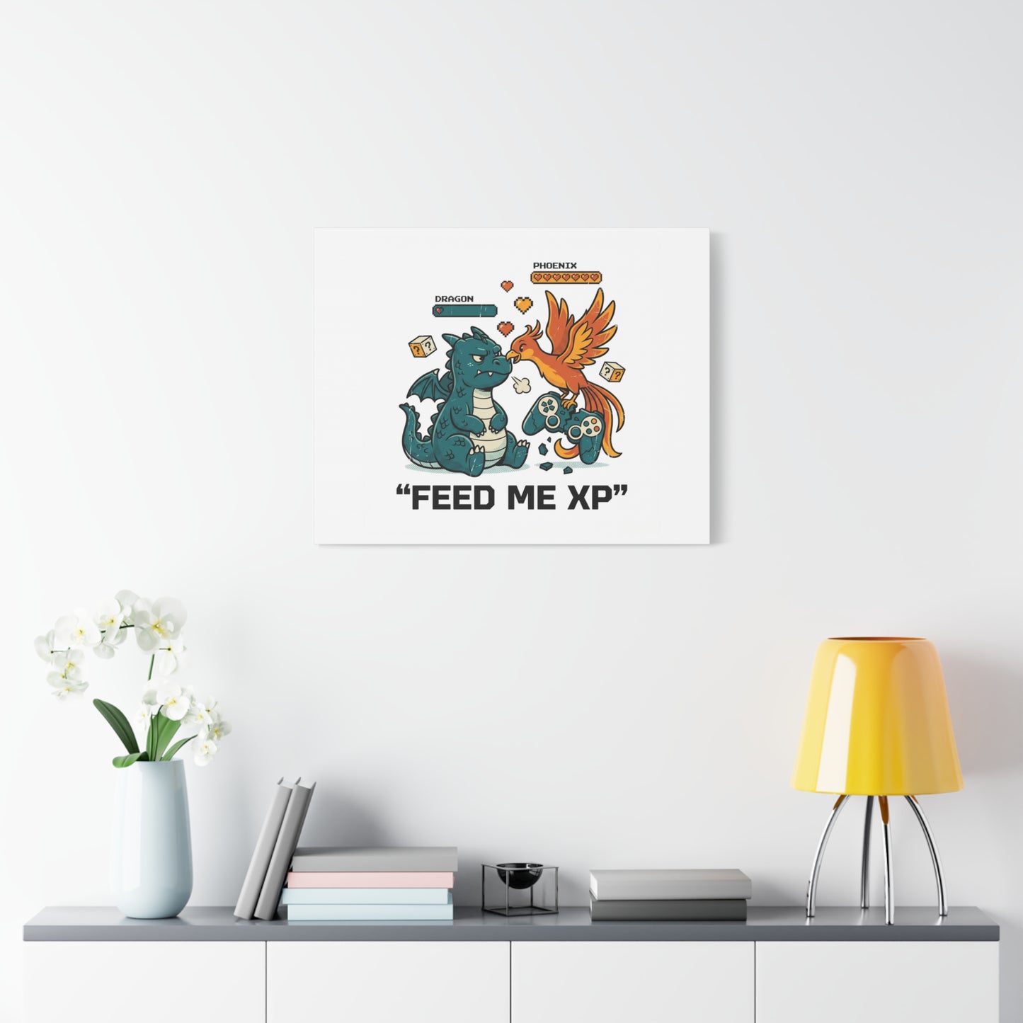 Feed Me XP Canvas | Gamer Dragon Phoenix Wall Art, Neon Meme Skate Style