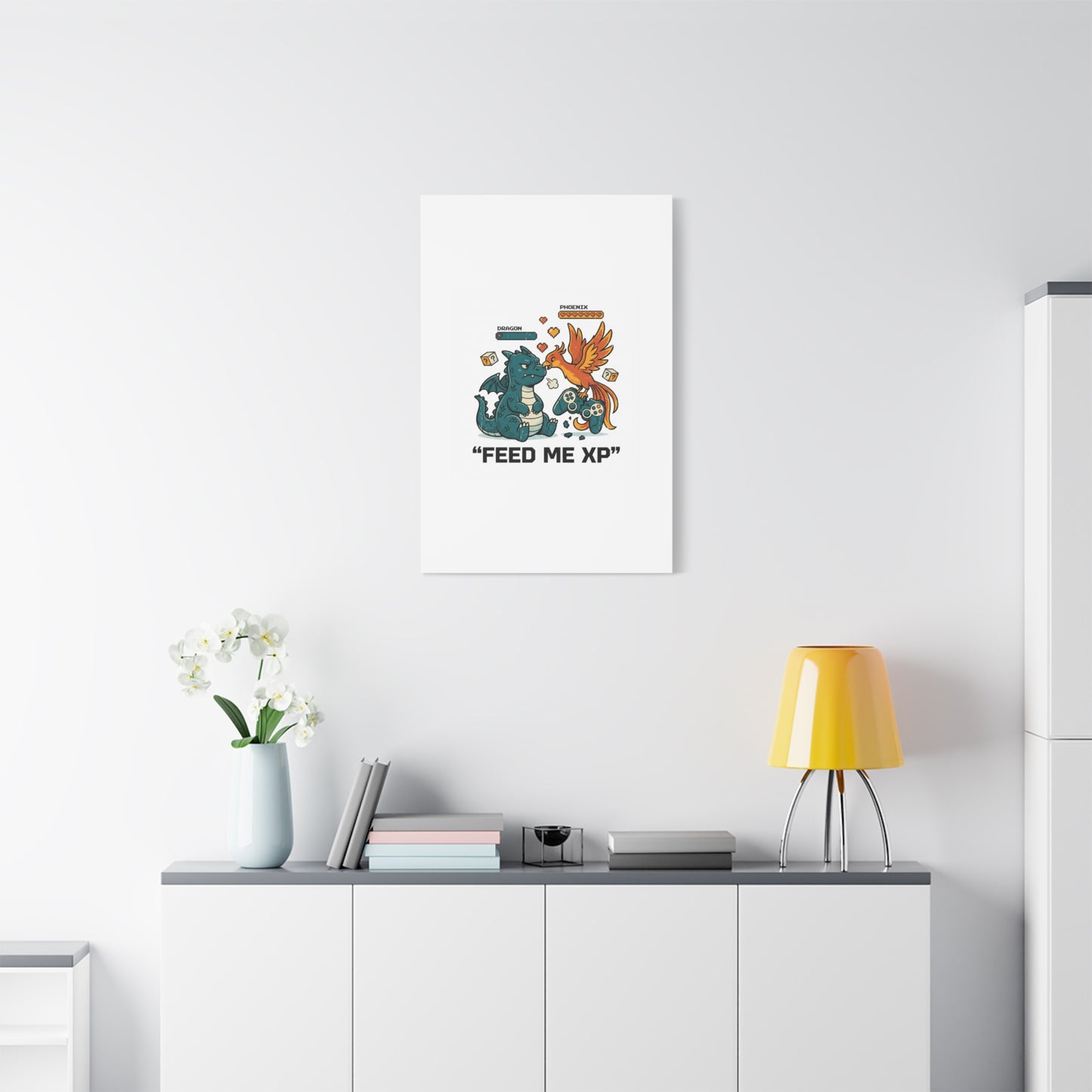 Feed Me XP Canvas | Gamer Dragon Phoenix Wall Art, Neon Meme Skate Style