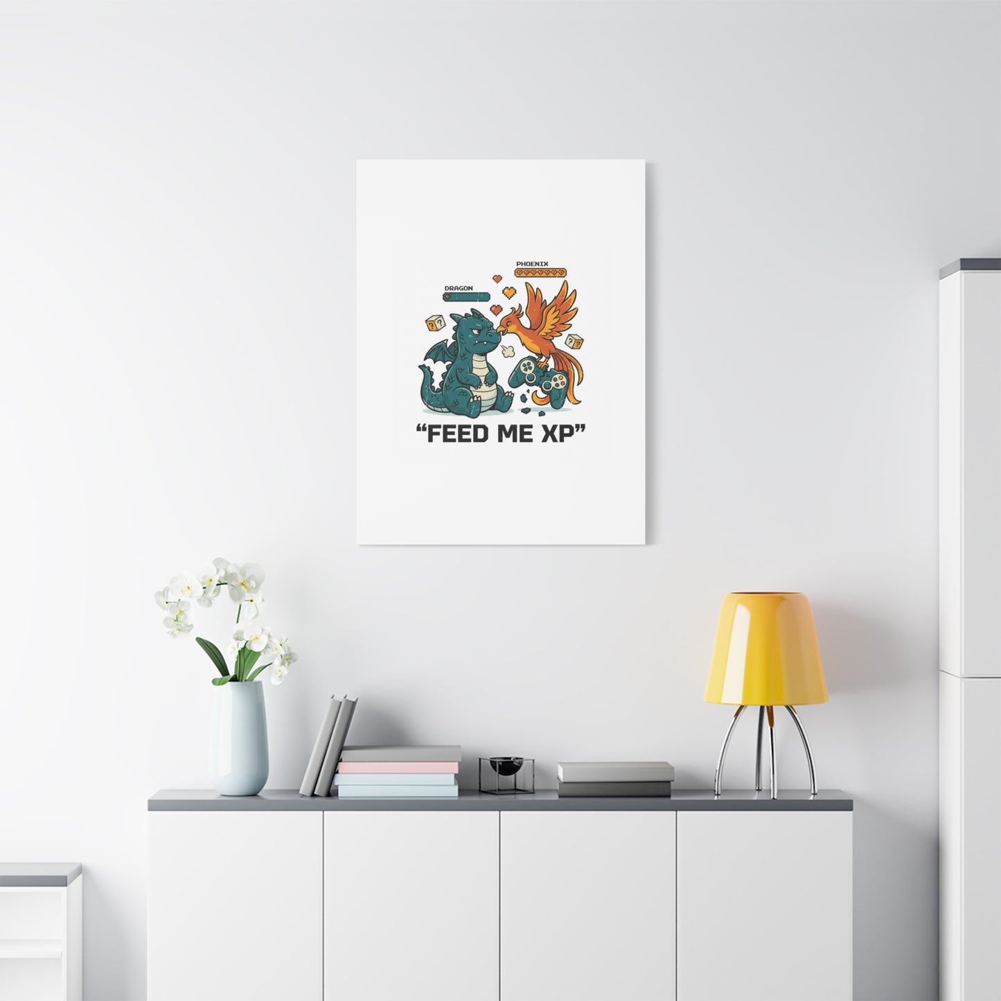 Feed Me XP Canvas | Gamer Dragon Phoenix Wall Art, Neon Meme Skate Style