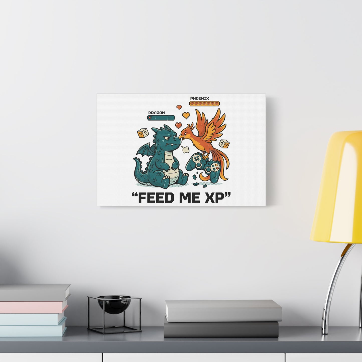 Feed Me XP Canvas | Gamer Dragon Phoenix Wall Art, Neon Meme Skate Style