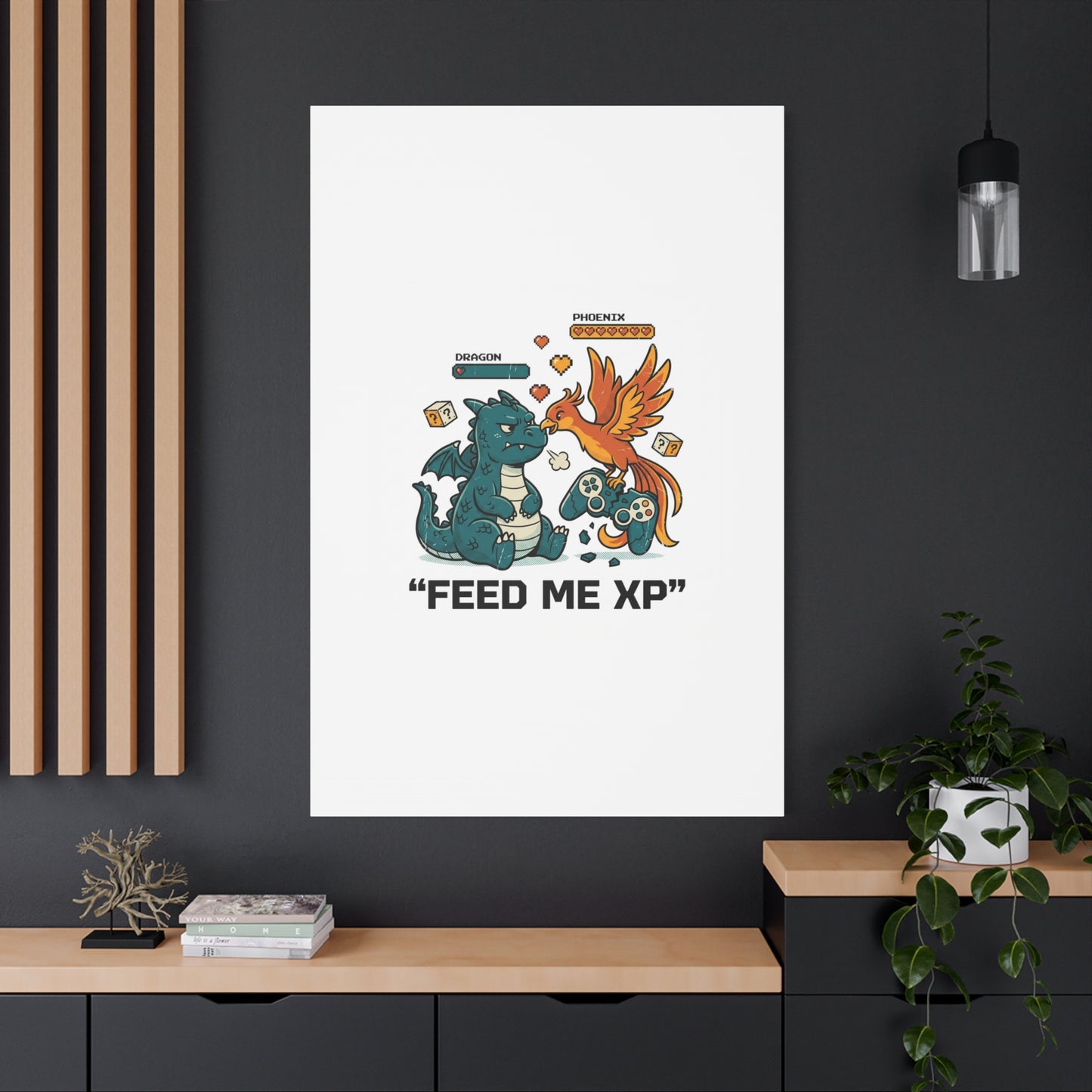 Feed Me XP Canvas | Gamer Dragon Phoenix Wall Art, Neon Meme Skate Style