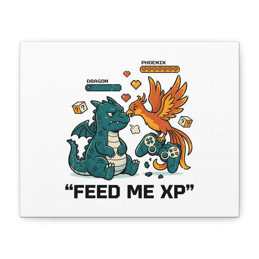 Feed Me XP Canvas | Gamer Dragon Phoenix Wall Art, Neon Meme Skate Style