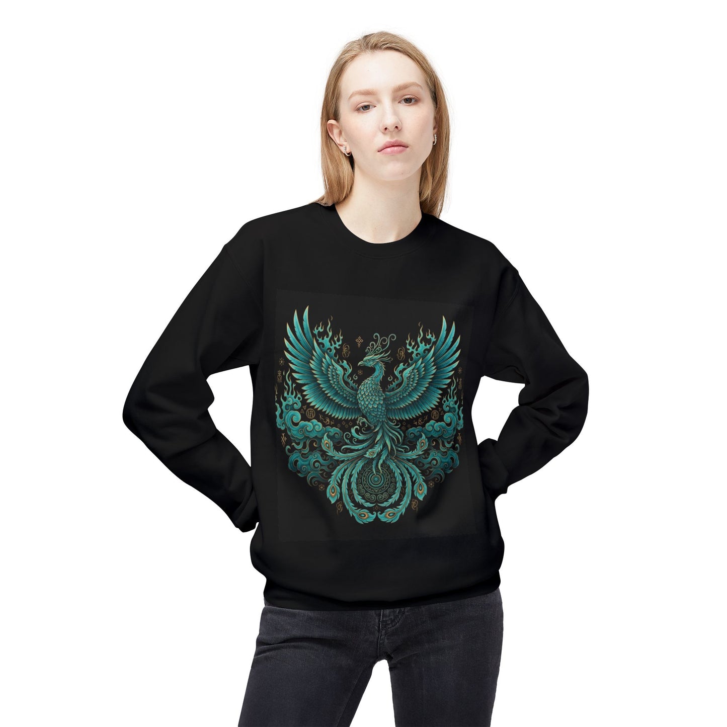 Phoenix Crest Crewneck Sweatshirt — Teal Mythic Bird Graphic