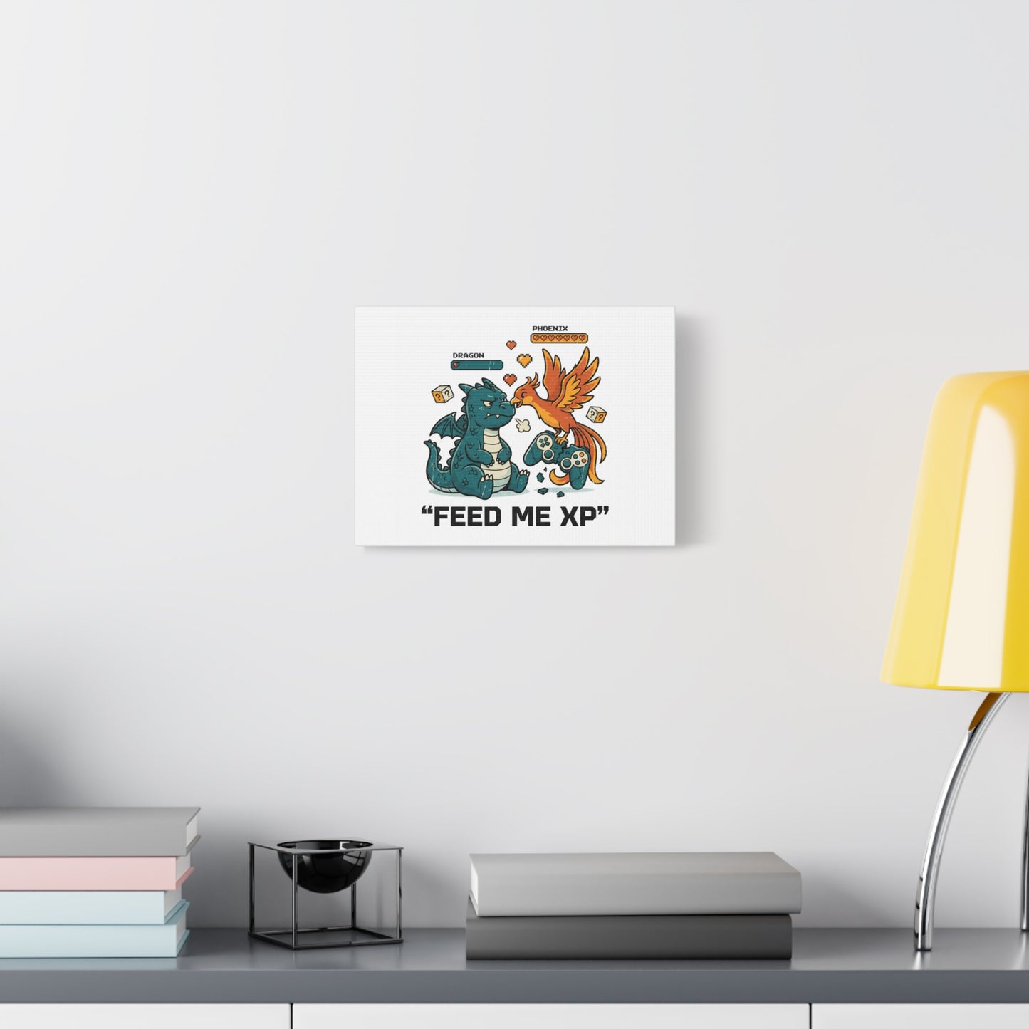 Feed Me XP Canvas | Gamer Dragon Phoenix Wall Art, Neon Meme Skate Style