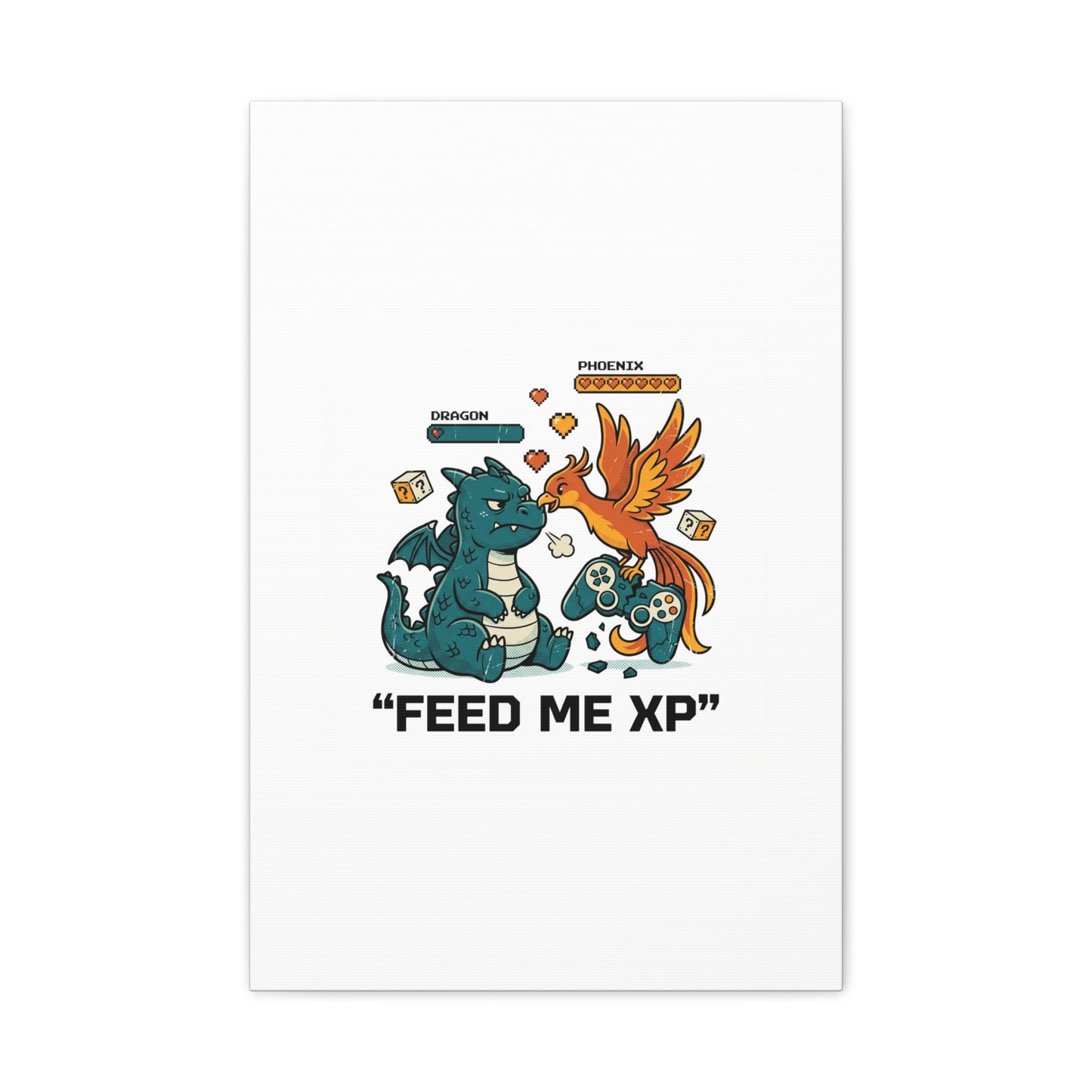 Feed Me XP Canvas | Gamer Dragon Phoenix Wall Art, Neon Meme Skate Style