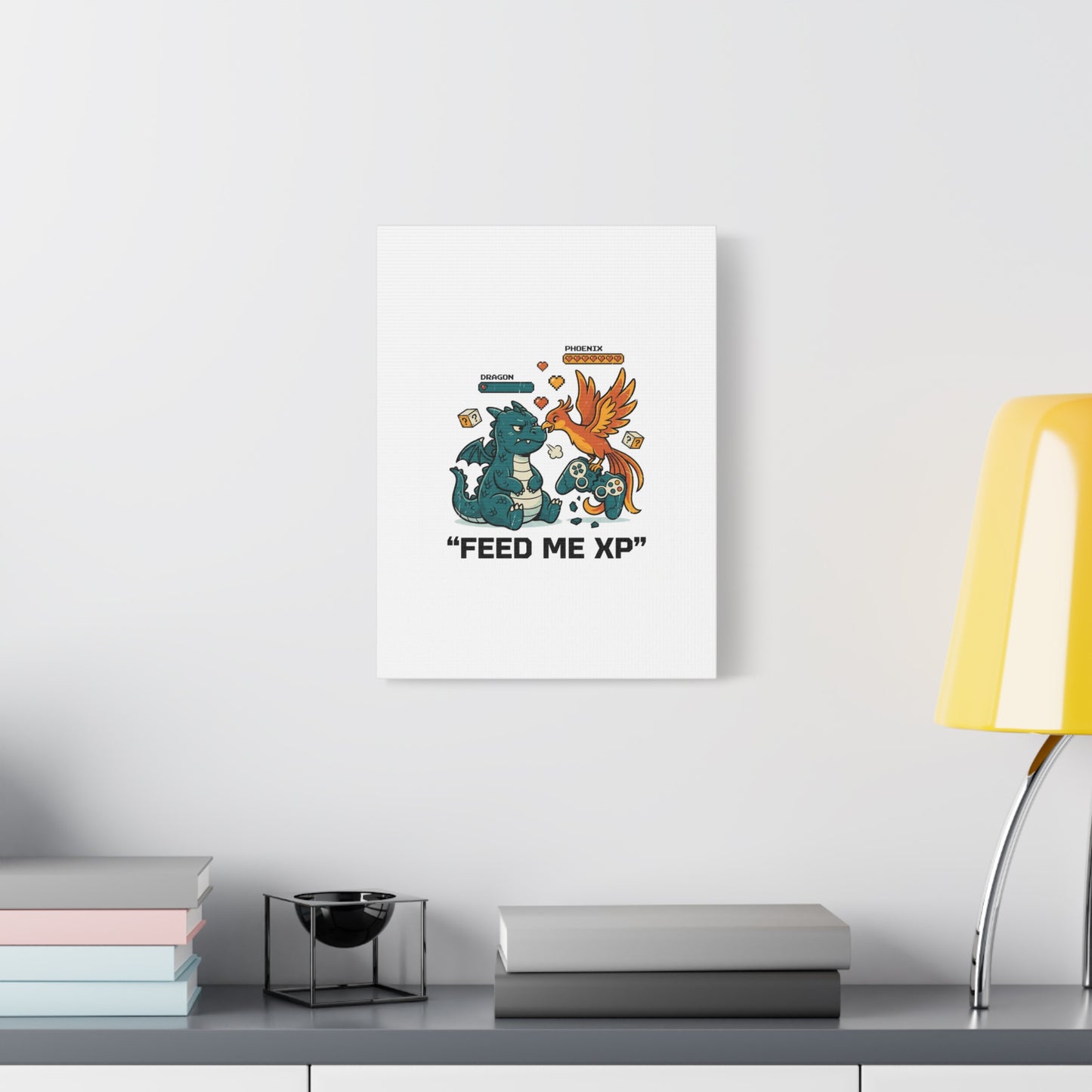 Feed Me XP Canvas | Gamer Dragon Phoenix Wall Art, Neon Meme Skate Style