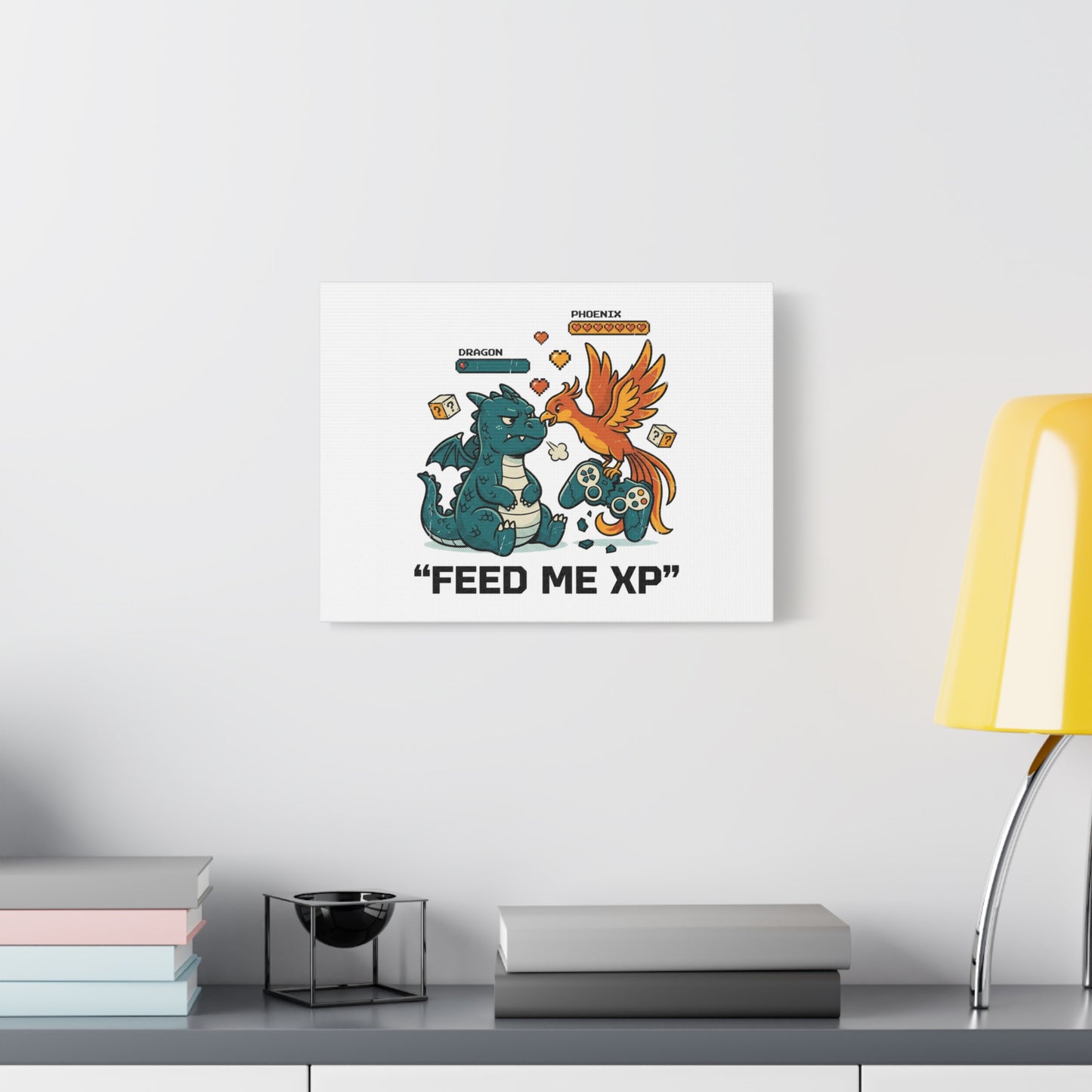 Feed Me XP Canvas | Gamer Dragon Phoenix Wall Art, Neon Meme Skate Style