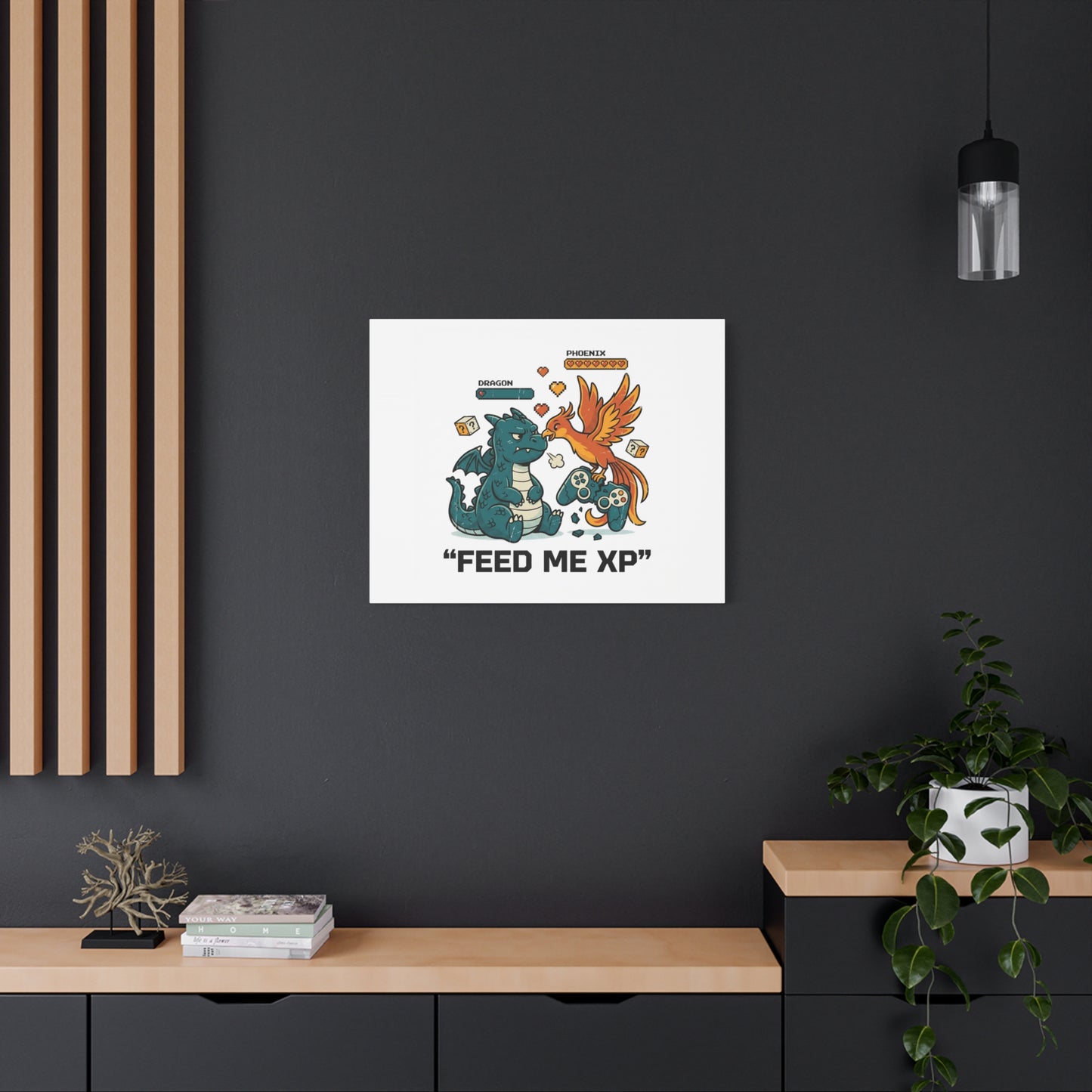 Feed Me XP Canvas | Gamer Dragon Phoenix Wall Art, Neon Meme Skate Style