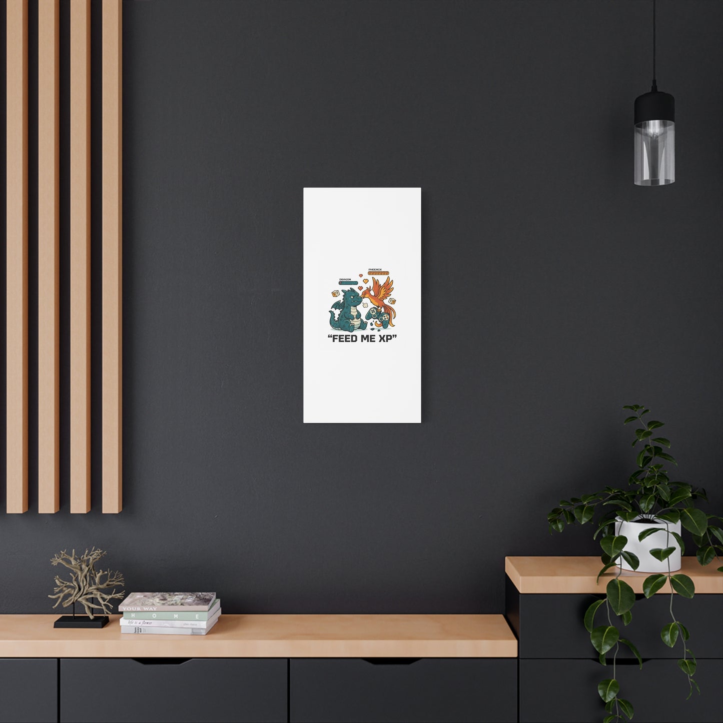 Feed Me XP Canvas | Gamer Dragon Phoenix Wall Art, Neon Meme Skate Style