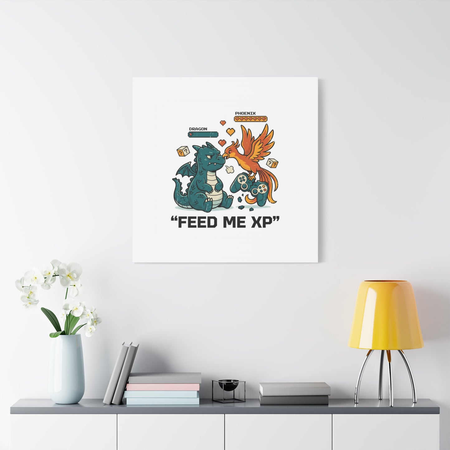 Feed Me XP Canvas | Gamer Dragon Phoenix Wall Art, Neon Meme Skate Style