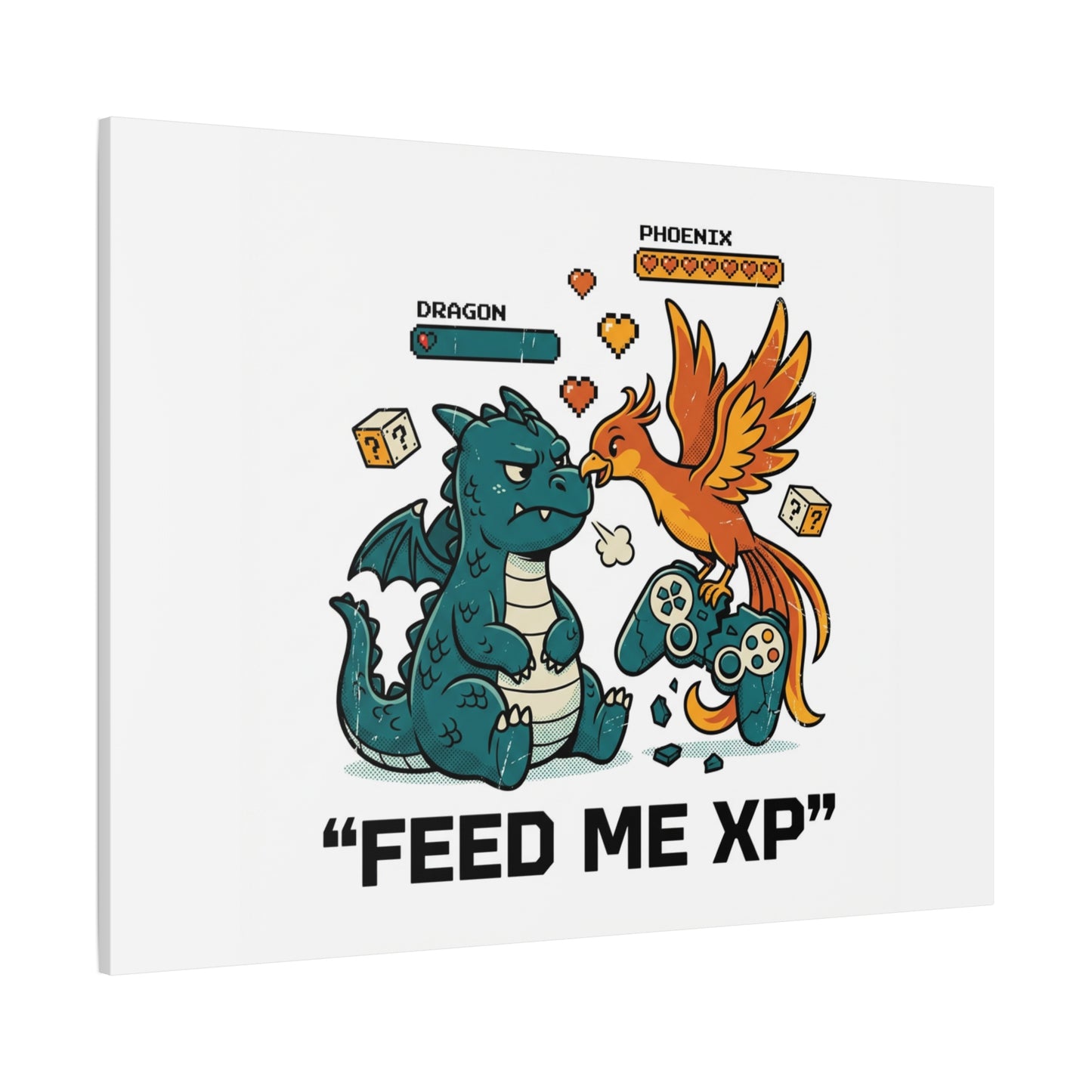 Feed Me XP Canvas | Gamer Dragon Phoenix Wall Art, Neon Meme Skate Style