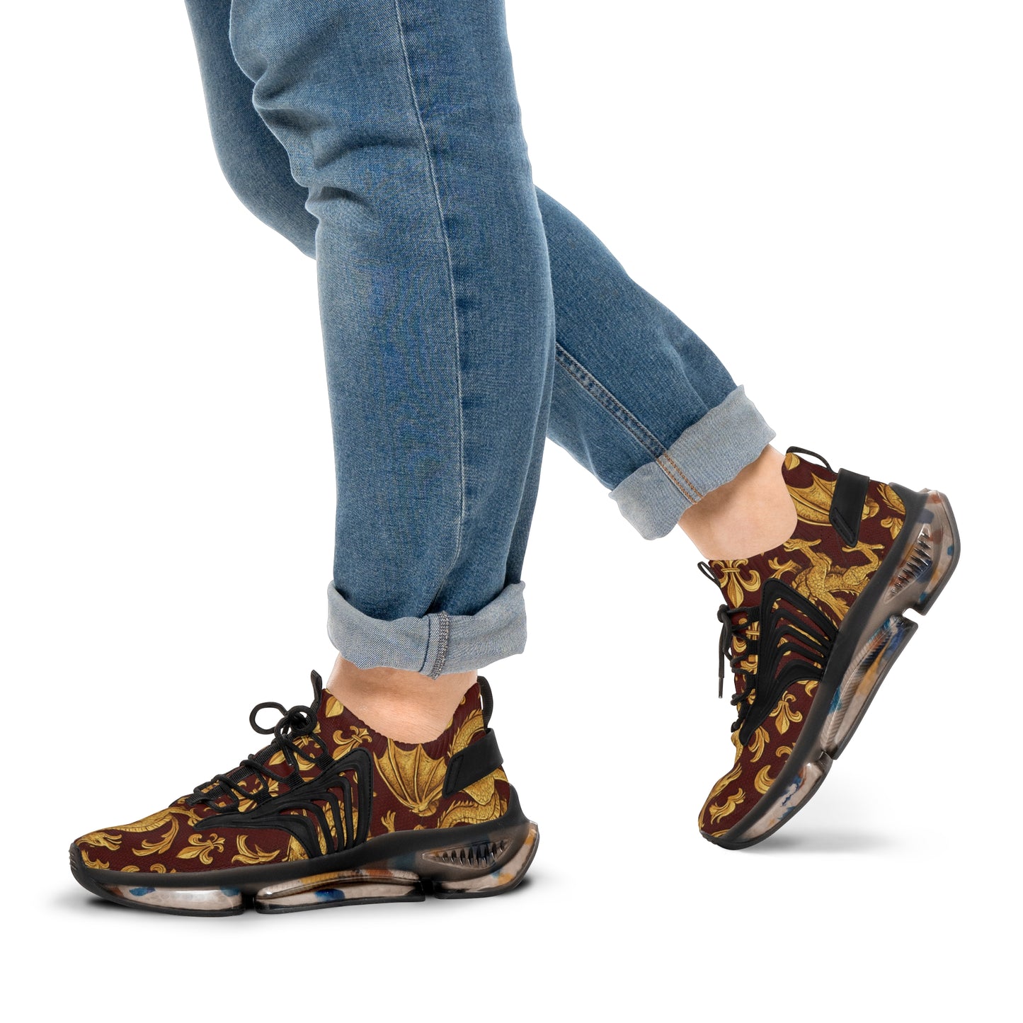 Stylish Men's Mesh Sneakers with Elegant Golden Dragon Design, Fitness Shoe, Casual Kick, Gift for Him, Trendy Footwear