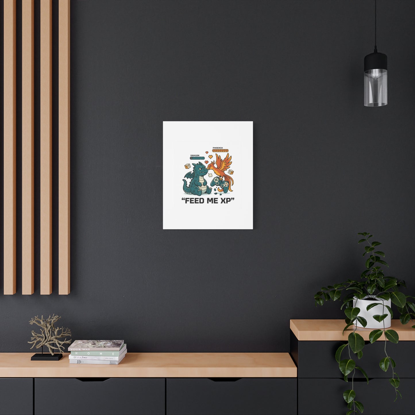 Feed Me XP Canvas | Gamer Dragon Phoenix Wall Art, Neon Meme Skate Style