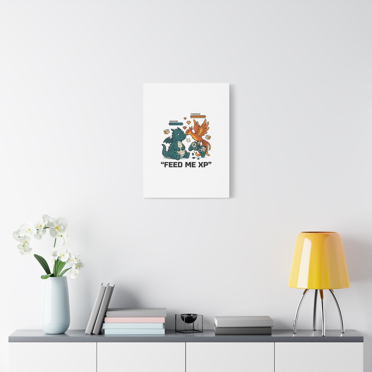 Feed Me XP Canvas | Gamer Dragon Phoenix Wall Art, Neon Meme Skate Style