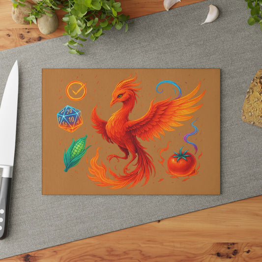 Vibrant Phoenix Glass Cutting Board - Unique Kitchen Decor, Ideal for Gamers, Great Gift for Holidays, BBQ, and Housewarming!