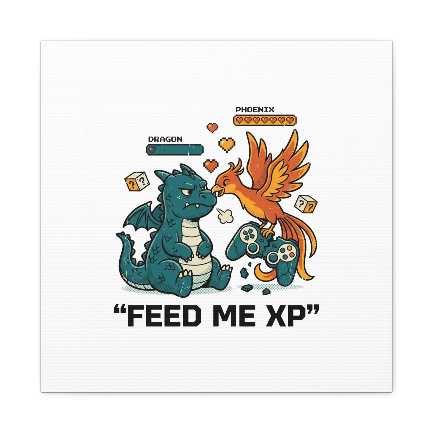Feed Me XP Canvas | Gamer Dragon Phoenix Wall Art, Neon Meme Skate Style