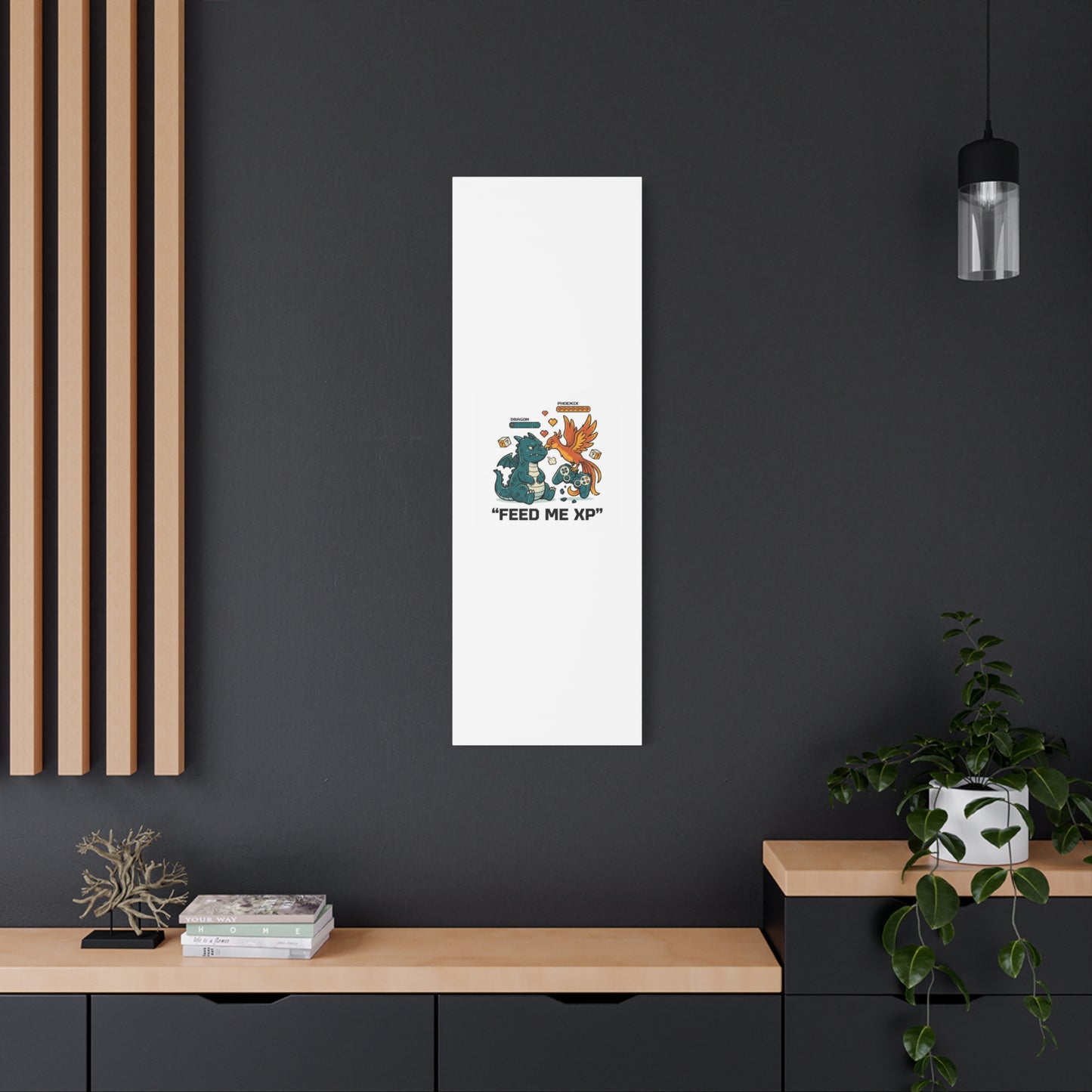 Feed Me XP Canvas | Gamer Dragon Phoenix Wall Art, Neon Meme Skate Style