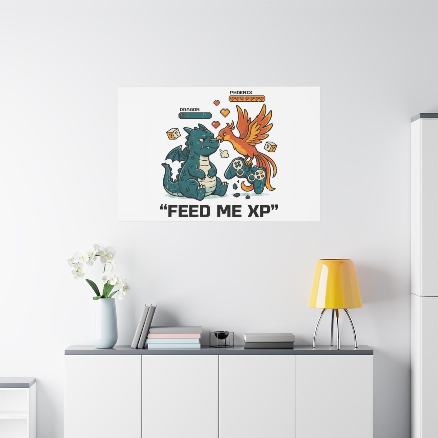 Feed Me XP Canvas | Gamer Dragon Phoenix Wall Art, Neon Meme Skate Style