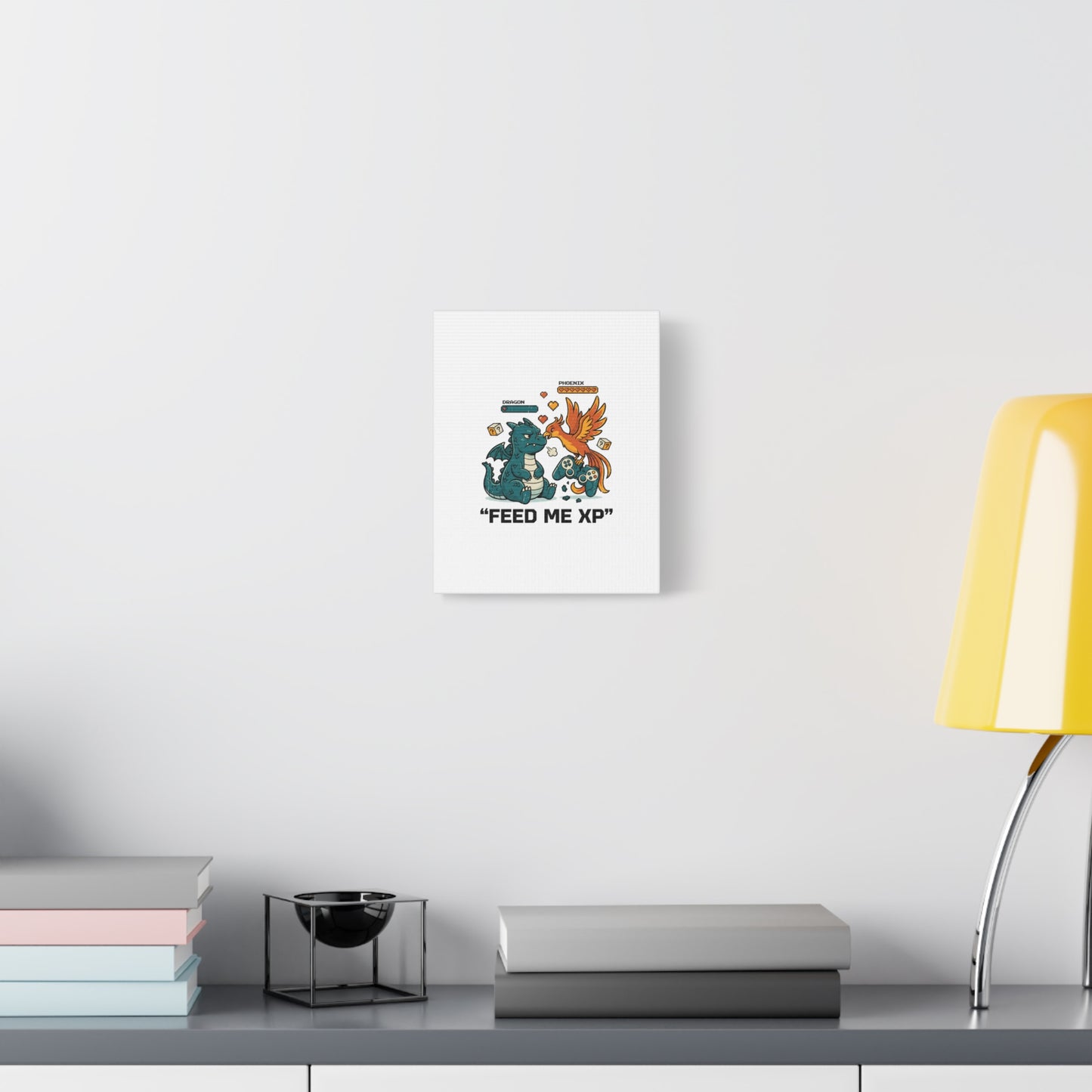 Feed Me XP Canvas | Gamer Dragon Phoenix Wall Art, Neon Meme Skate Style