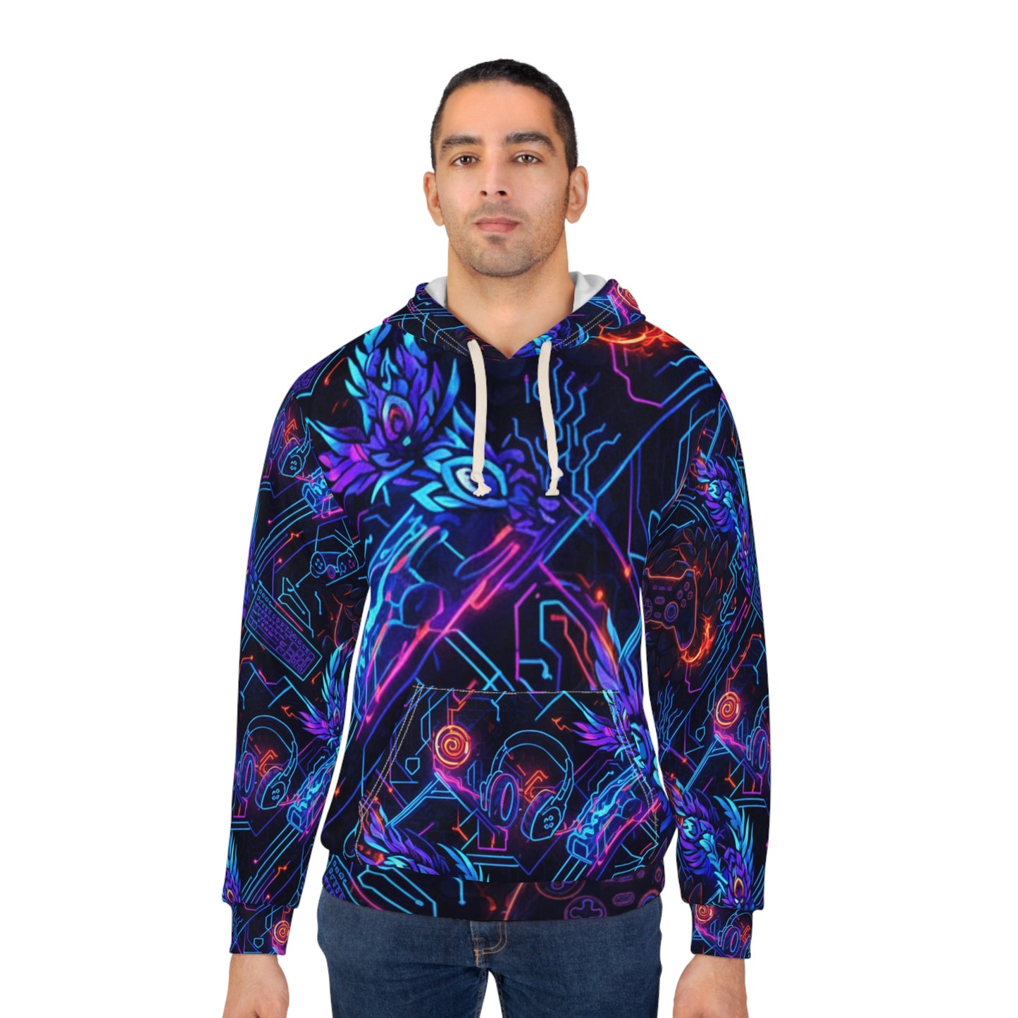 Neon Gamer Tech Hoodie — All-Over Print Retro Cyber Gaming Pullover
