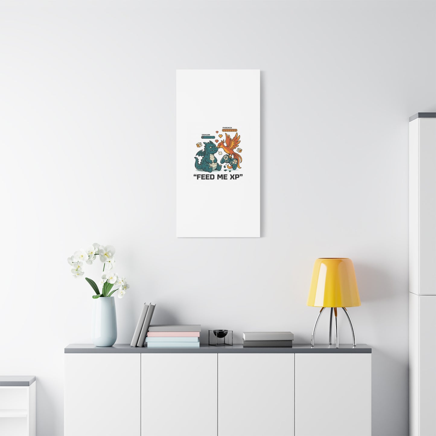 Feed Me XP Canvas | Gamer Dragon Phoenix Wall Art, Neon Meme Skate Style