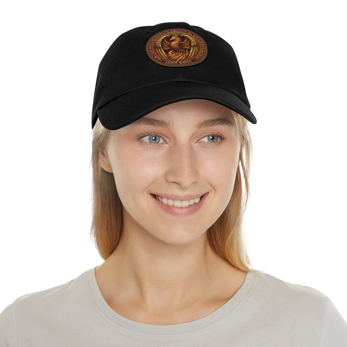 Ember Phoenix Leather Patch Dad Hat — Vintage Firebird Round Patch Cap
