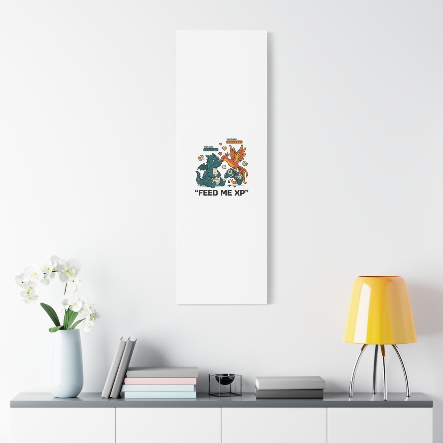 Feed Me XP Canvas | Gamer Dragon Phoenix Wall Art, Neon Meme Skate Style