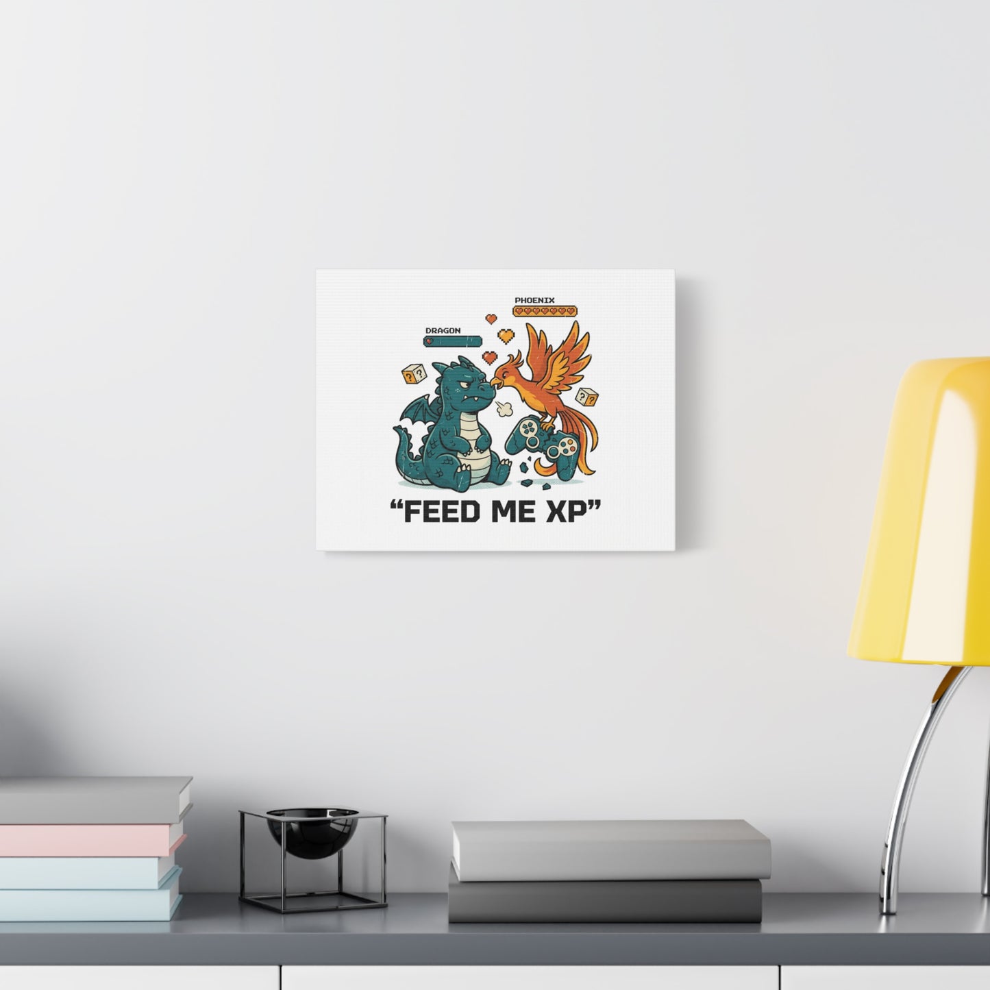 Feed Me XP Canvas | Gamer Dragon Phoenix Wall Art, Neon Meme Skate Style