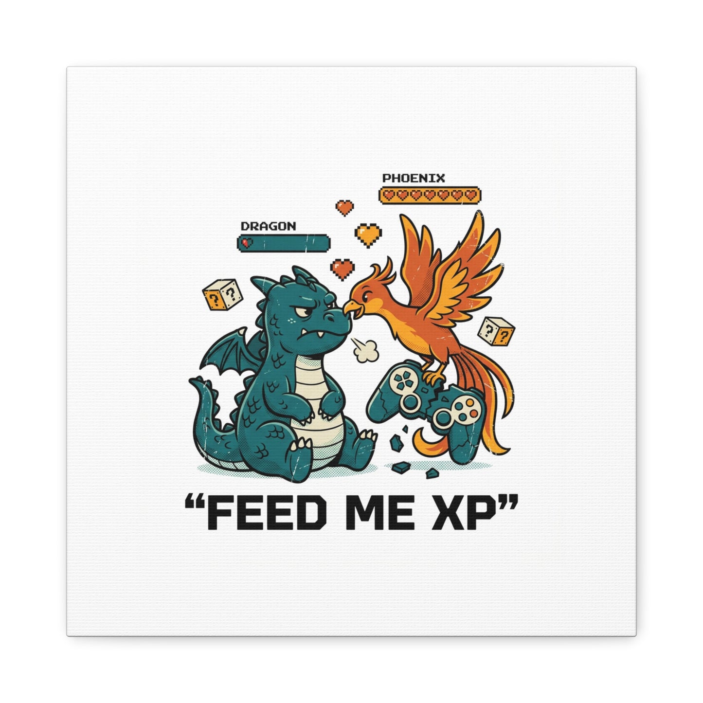Feed Me XP Canvas | Gamer Dragon Phoenix Wall Art, Neon Meme Skate Style