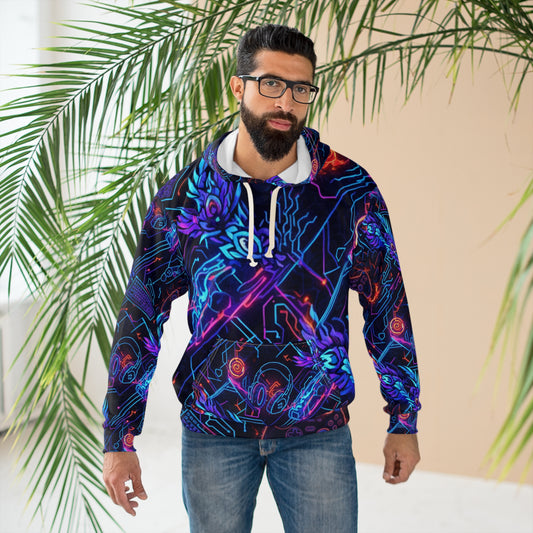 Neon Gamer Tech Hoodie — All-Over Print Retro Cyber Gaming Pullover