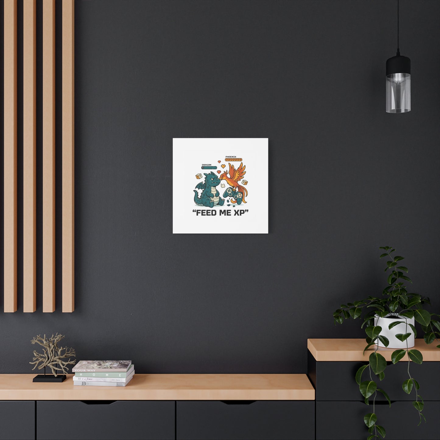 Feed Me XP Canvas | Gamer Dragon Phoenix Wall Art, Neon Meme Skate Style