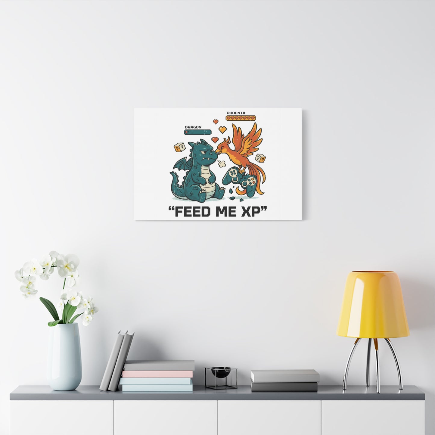 Feed Me XP Canvas | Gamer Dragon Phoenix Wall Art, Neon Meme Skate Style