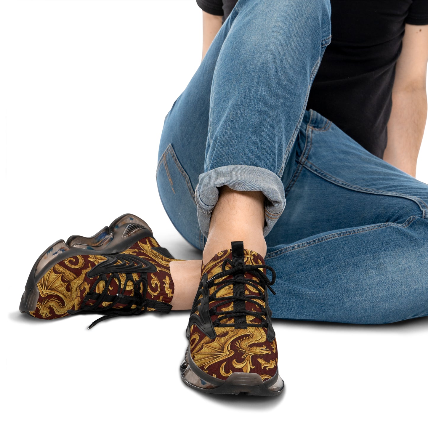 Stylish Men's Mesh Sneakers with Elegant Golden Dragon Design, Fitness Shoe, Casual Kick, Gift for Him, Trendy Footwear