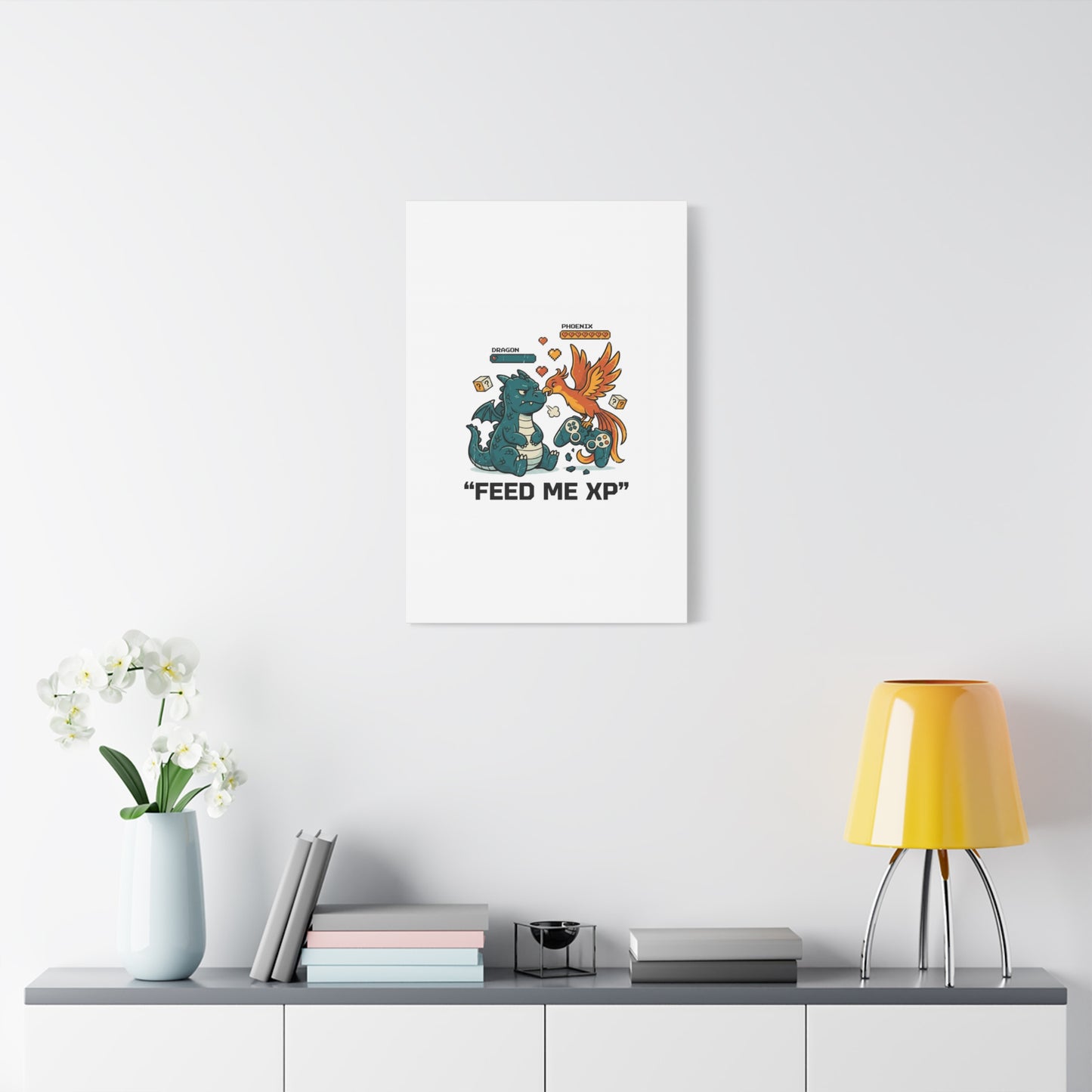 Feed Me XP Canvas | Gamer Dragon Phoenix Wall Art, Neon Meme Skate Style