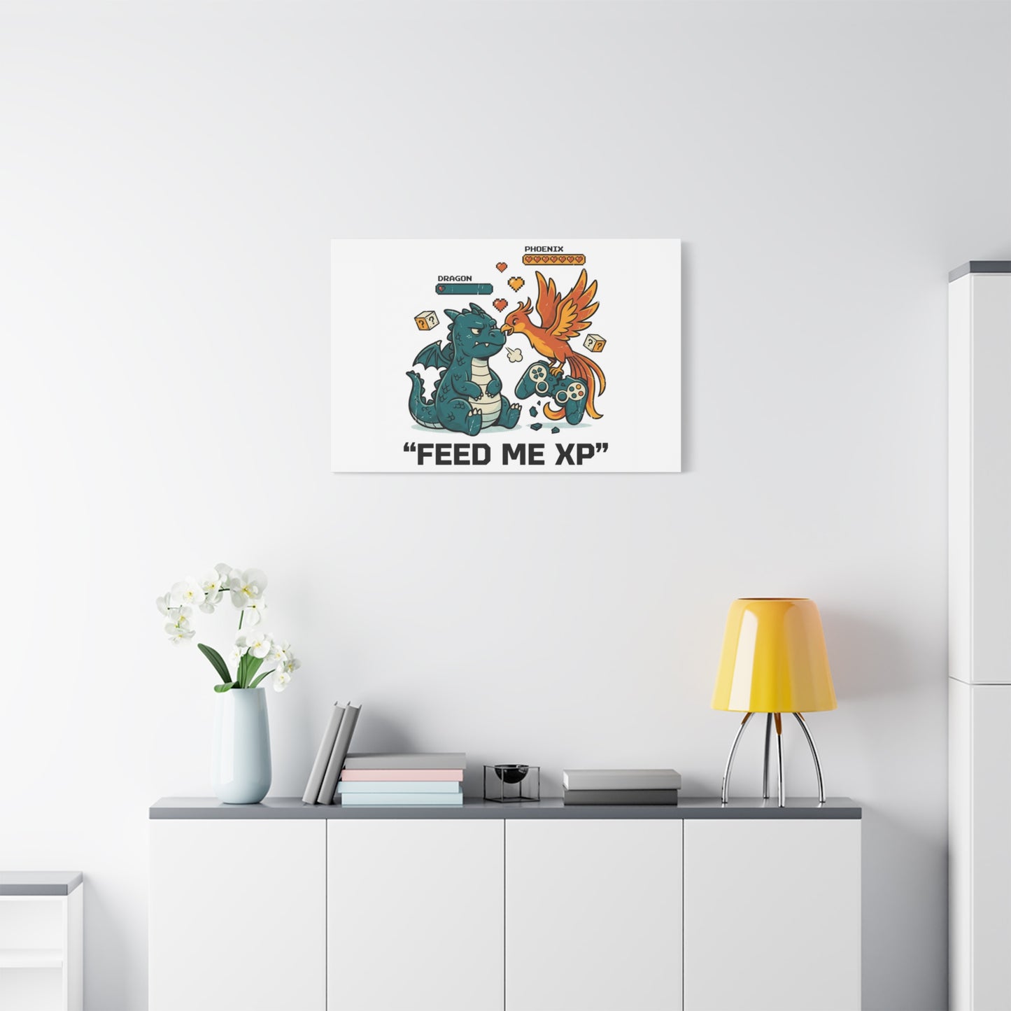 Feed Me XP Canvas | Gamer Dragon Phoenix Wall Art, Neon Meme Skate Style
