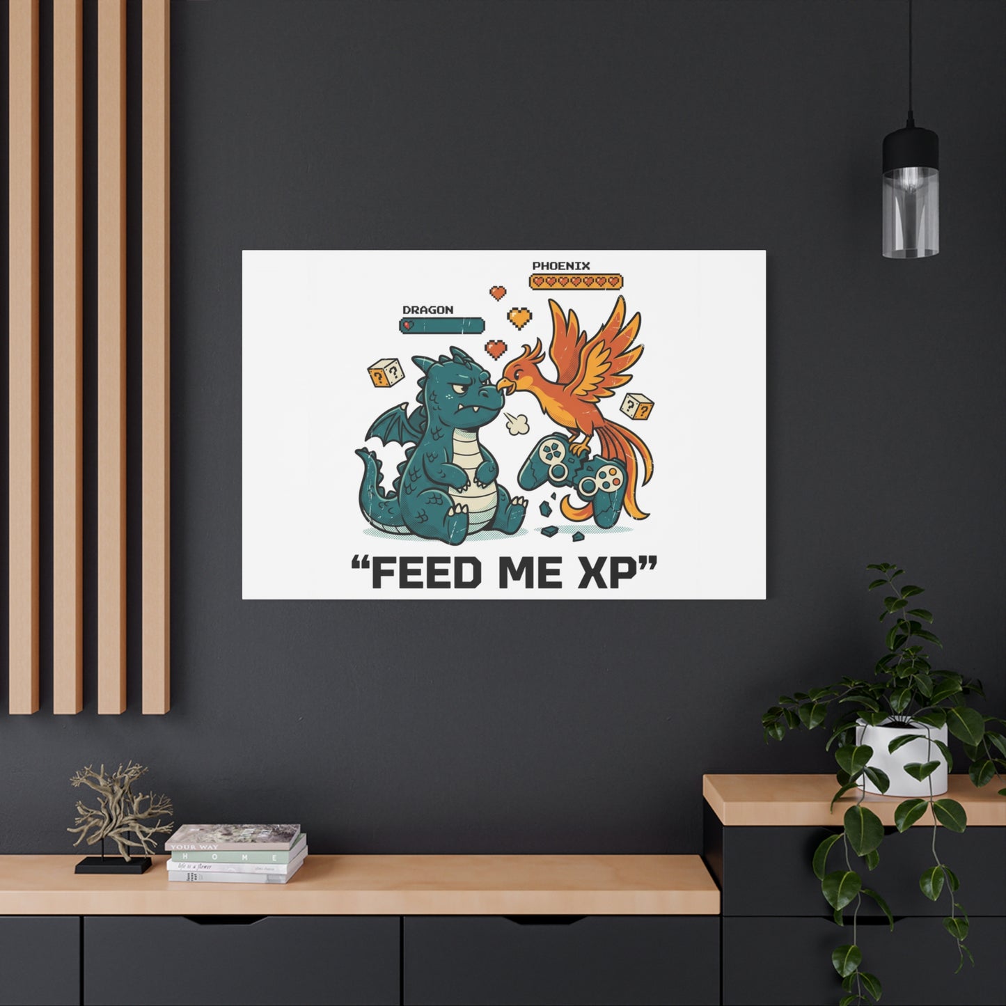 Feed Me XP Canvas | Gamer Dragon Phoenix Wall Art, Neon Meme Skate Style
