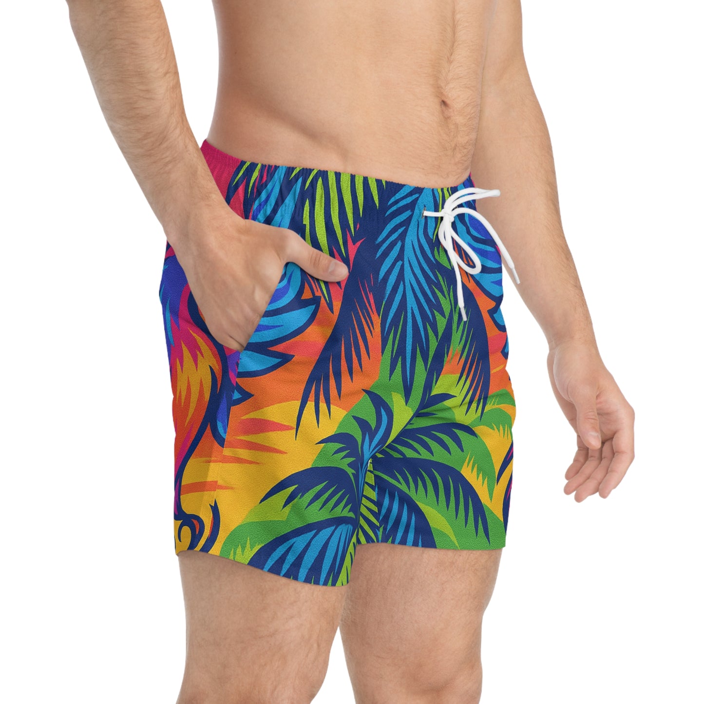 Vibrant Tropical Swim Trunks, Beachwear, Summer Essentials, Poolside Outfit, Vacation Must-Have, AOP Swim Shorts